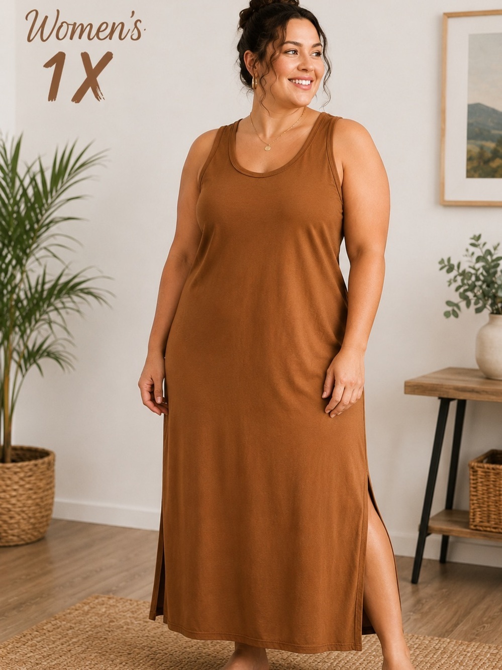 Heart & Hips Sleeveless Tank Dress in Mustard Brown 1X Pit 17”
Length 43”